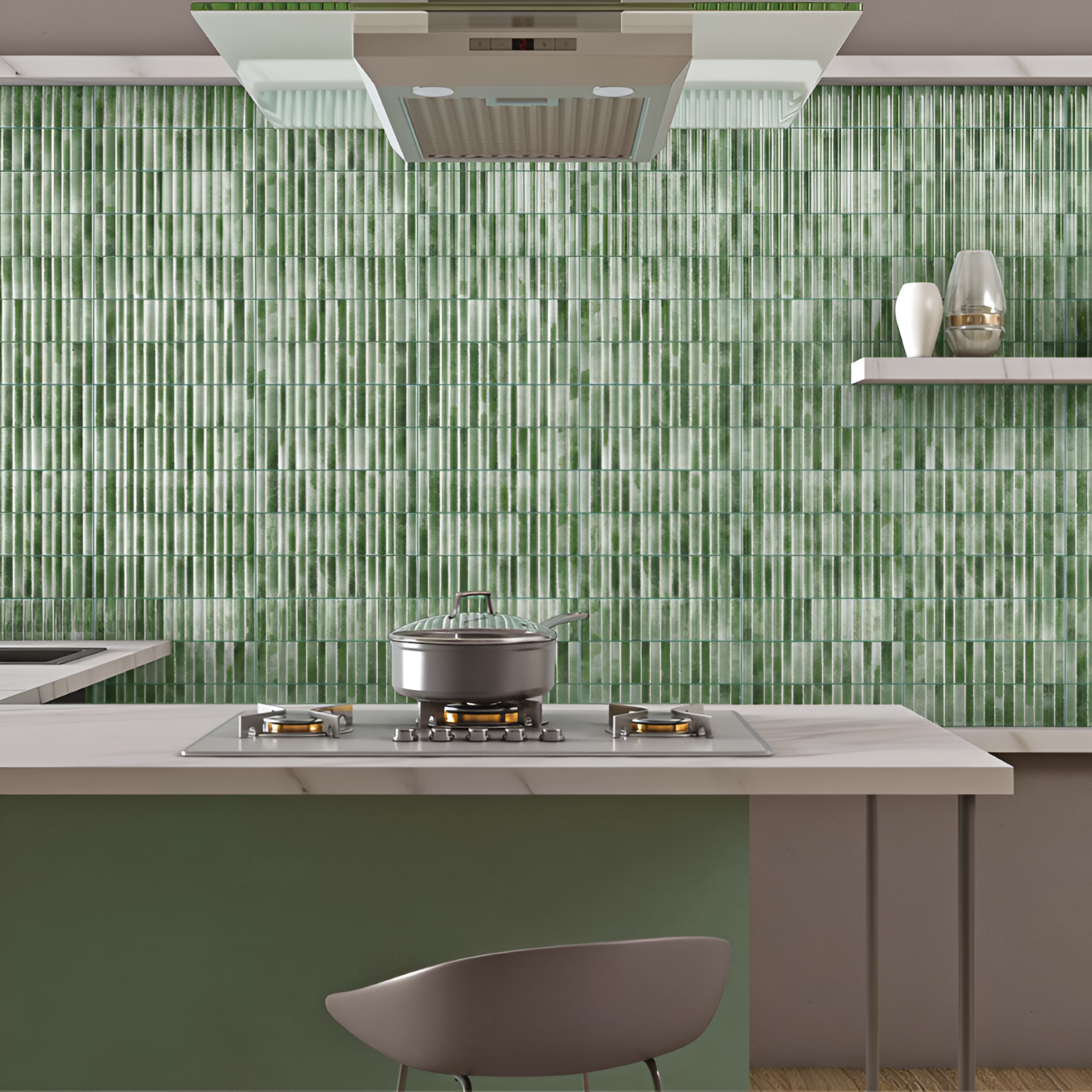 Fern Green Fluted Kitkat Tile 4x12 inch with a glossy finish, featuring a rich fern-green fluted surface, smooth and durable, ideal for contemporary backsplashes and decorative wall designs.

