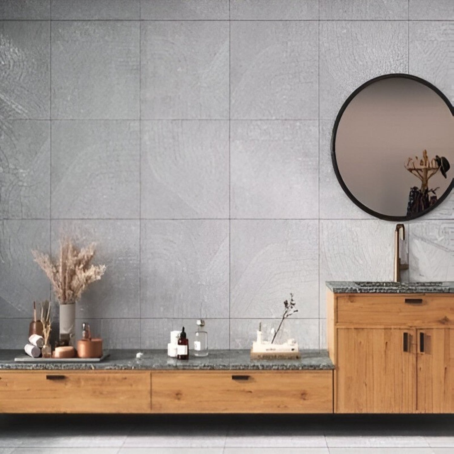 Fossil Gray Moroccan Ceramic Tile – 24x24 inch ceramic tile featuring soft gray Moroccan-inspired patterns with aged, fossil-like detailing for a vintage look.