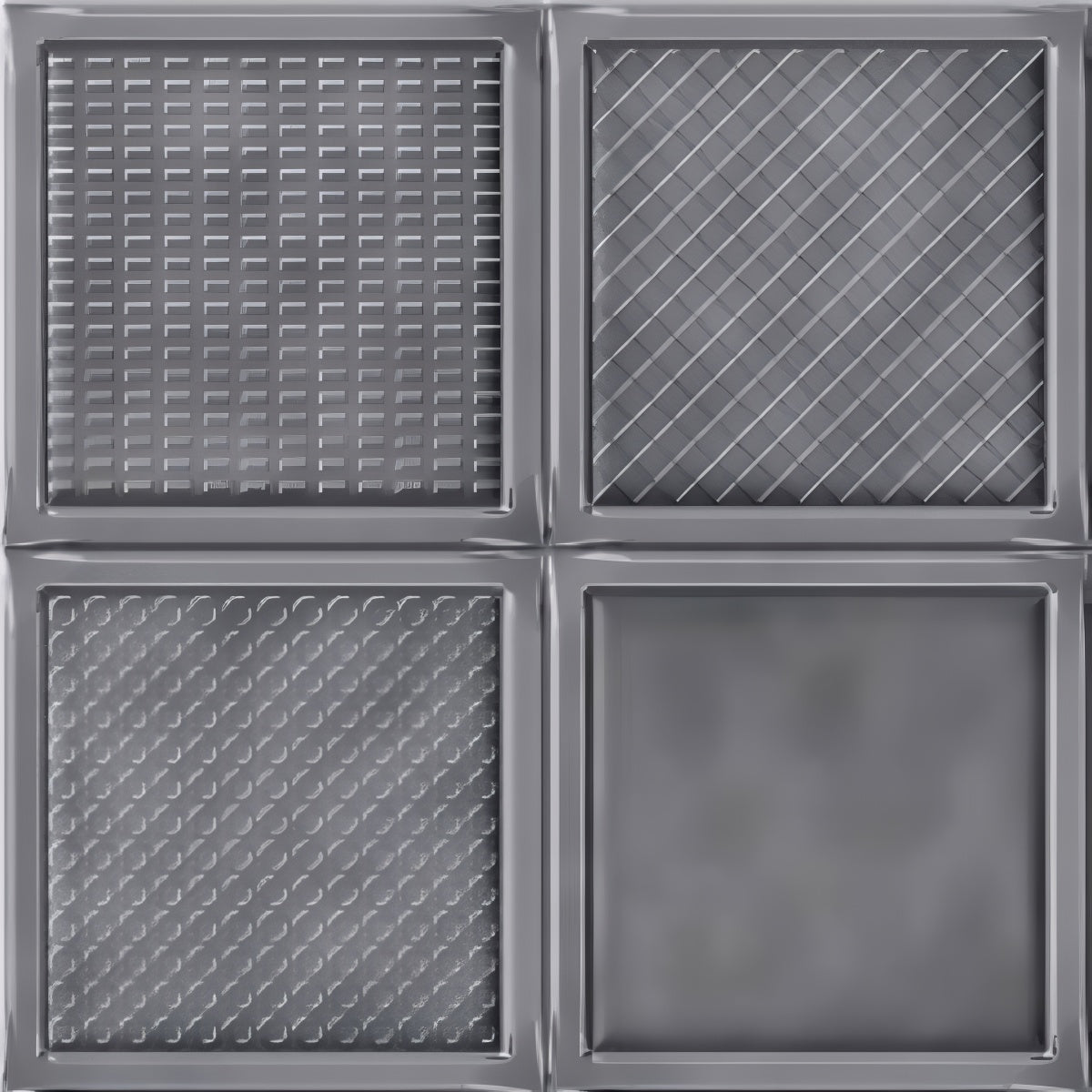 Frame Cosmo Gray Tile - 12x12 inch ceramic wall tile with four framed textured patterns in gray finish

