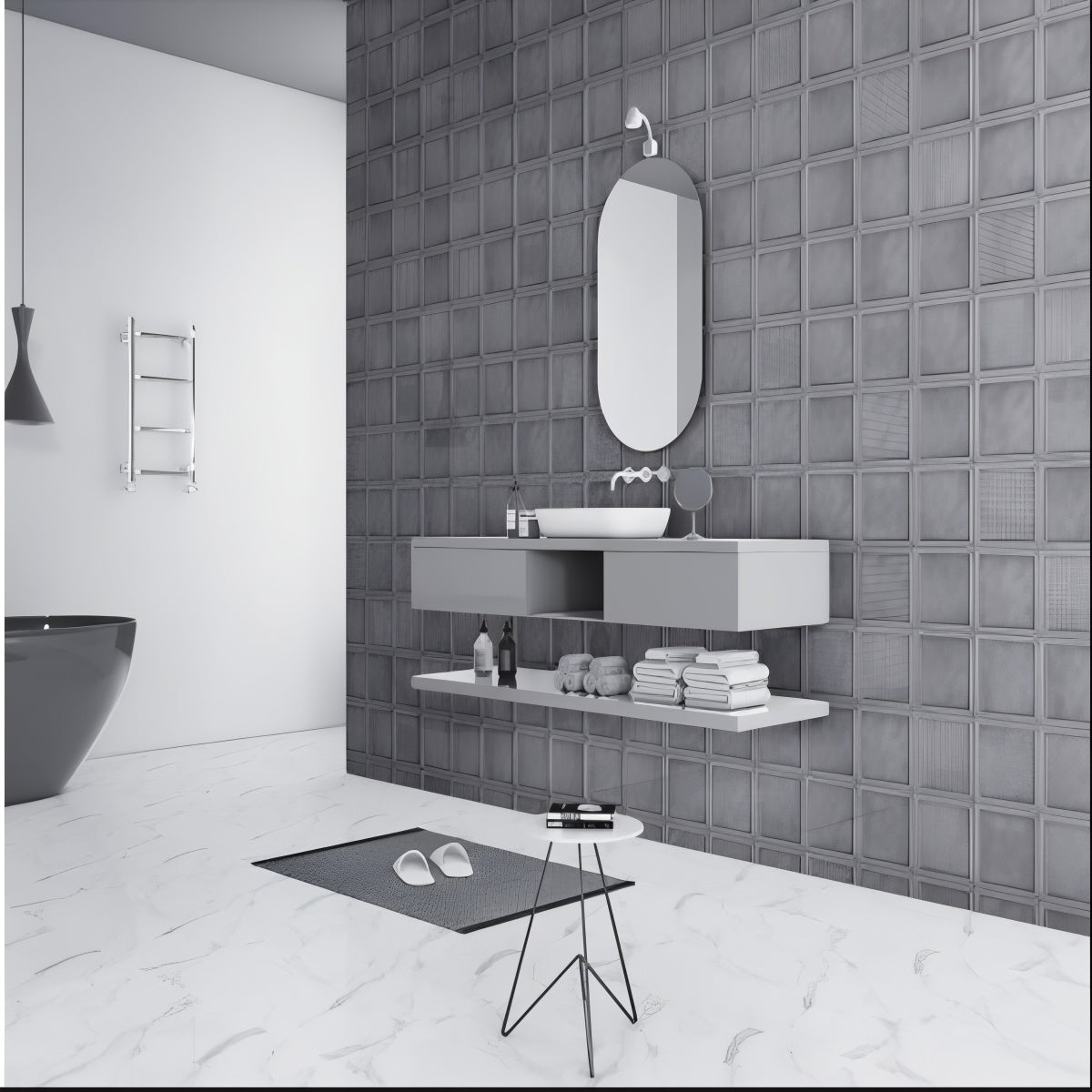 Frame Cosmo Gray Tile - 12x12 inch ceramic wall tile with four framed textured patterns in gray finish

