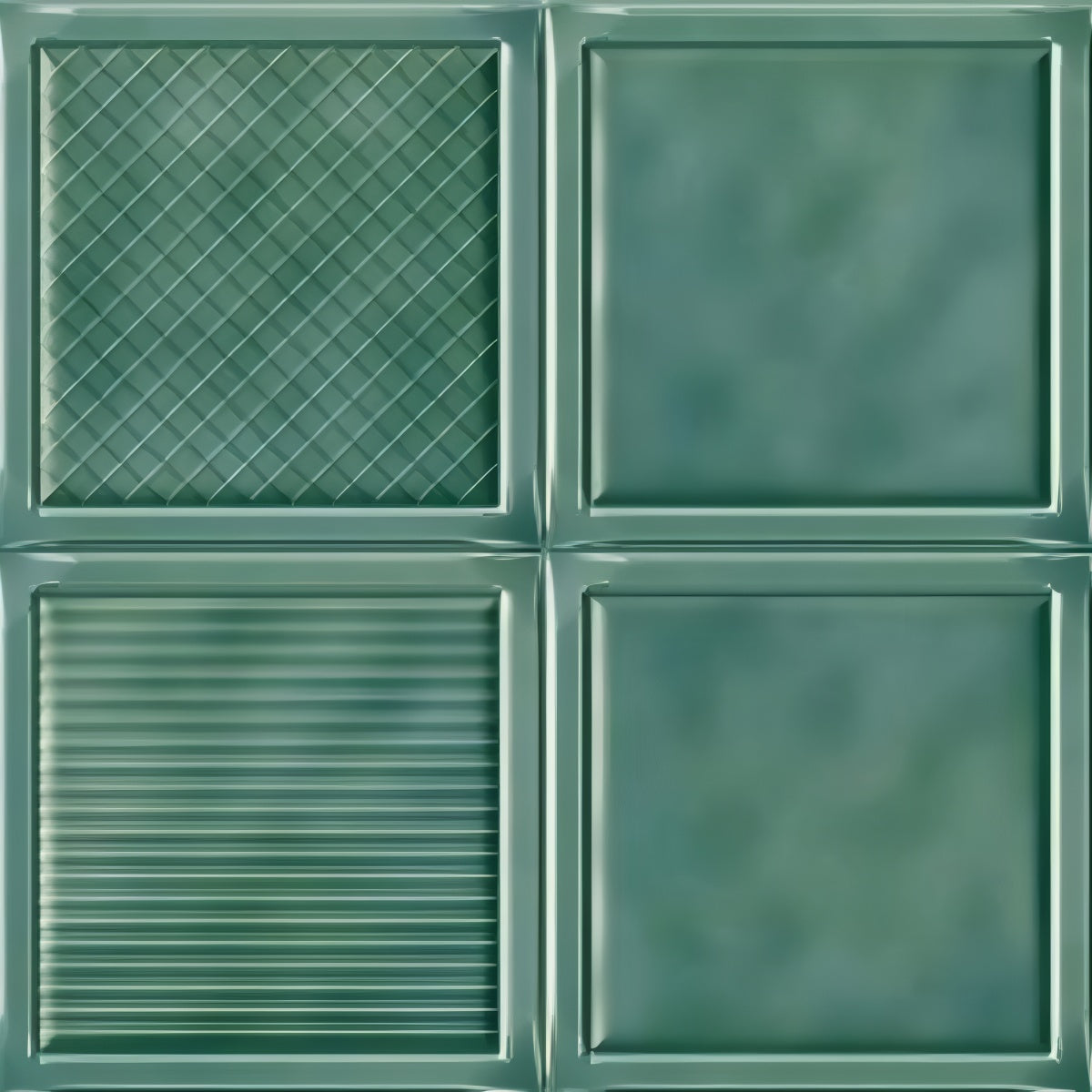 Frame Cosmo Green Tile - 12x12 inch ceramic wall tile with four framed green textures and semi-gloss finish

