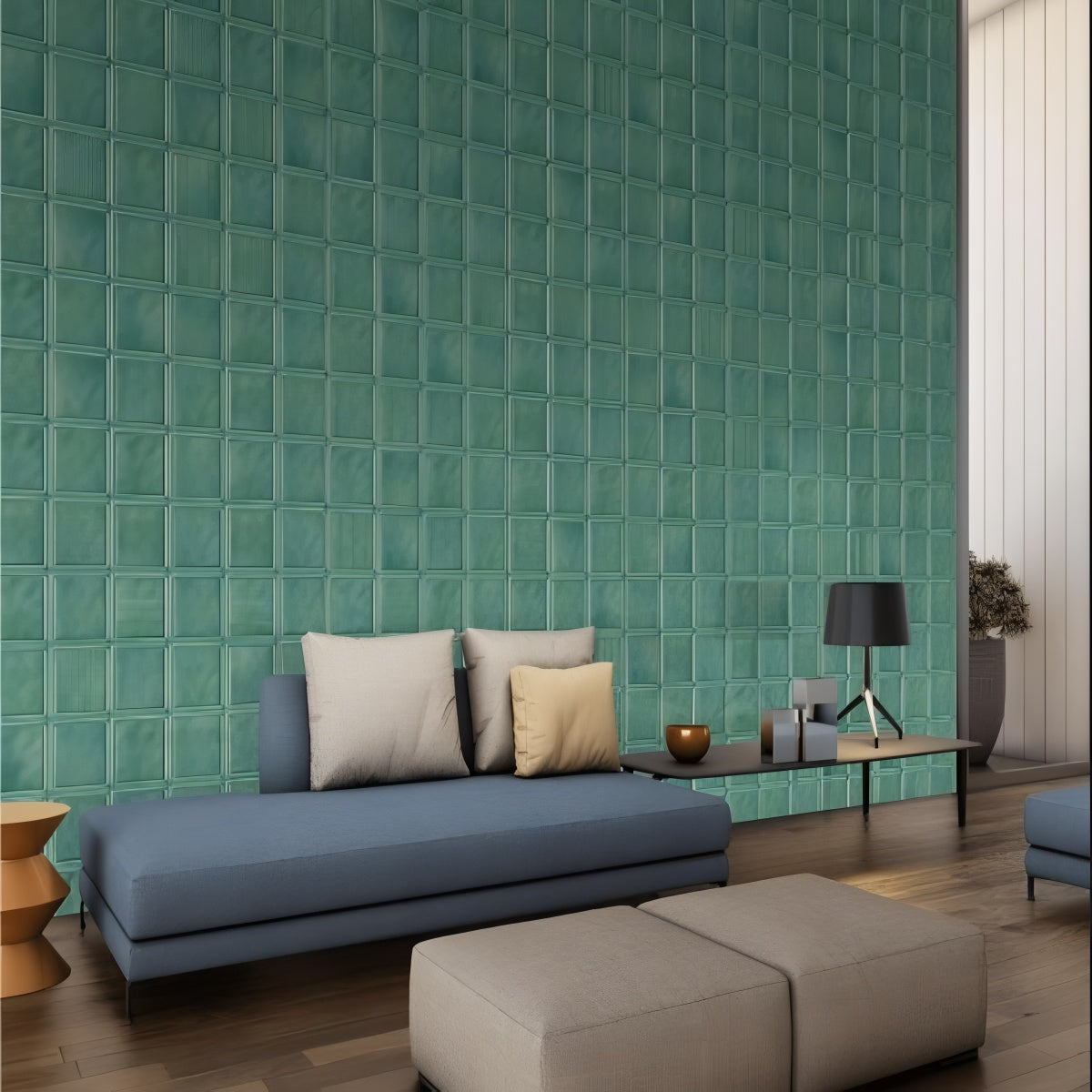 Geometric Framed Seafoam Green Living Room Statement Wall