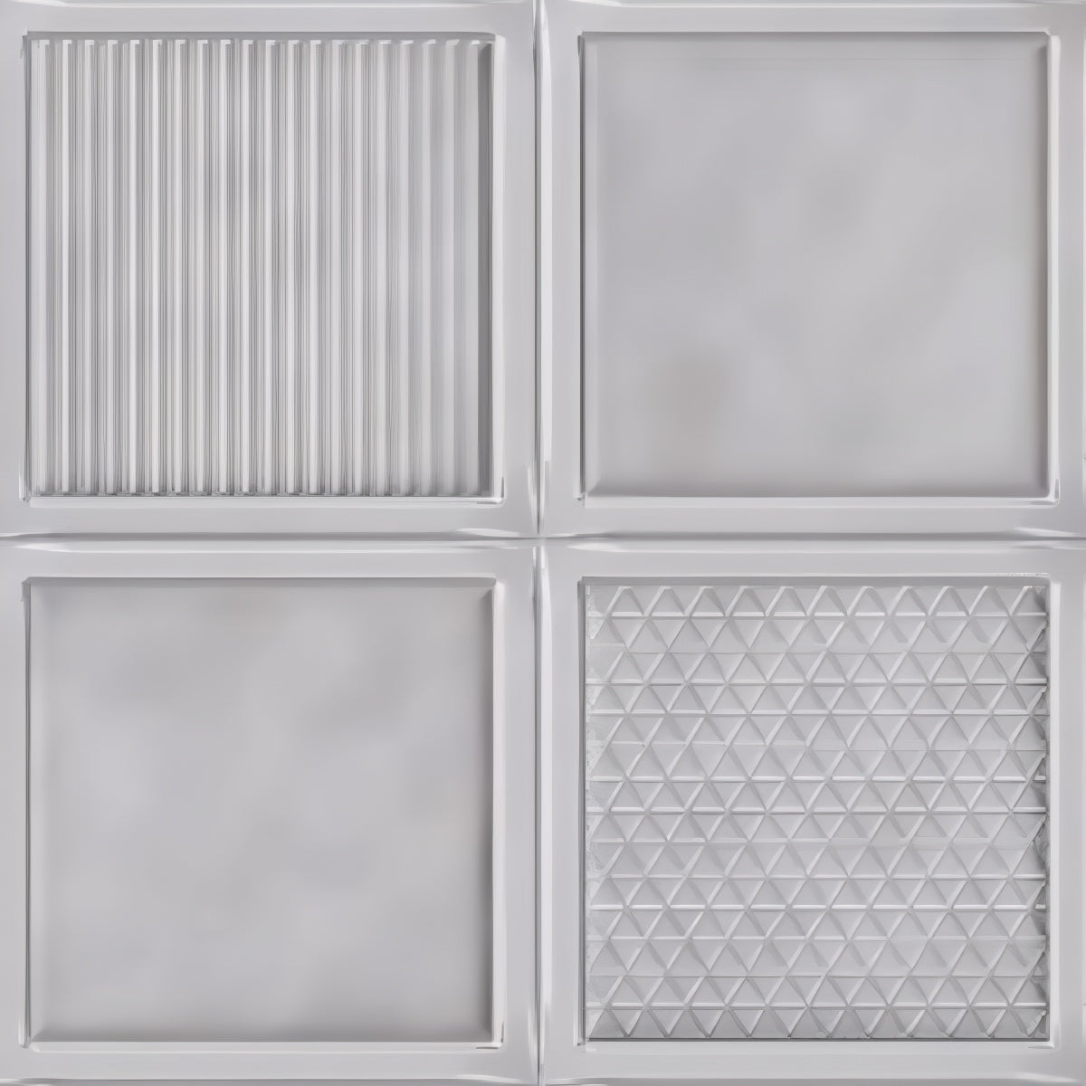 Frame Cosmo Steel Tile - 12x12 inch ceramic wall tile with steel gray tone and four framed textured patterns

