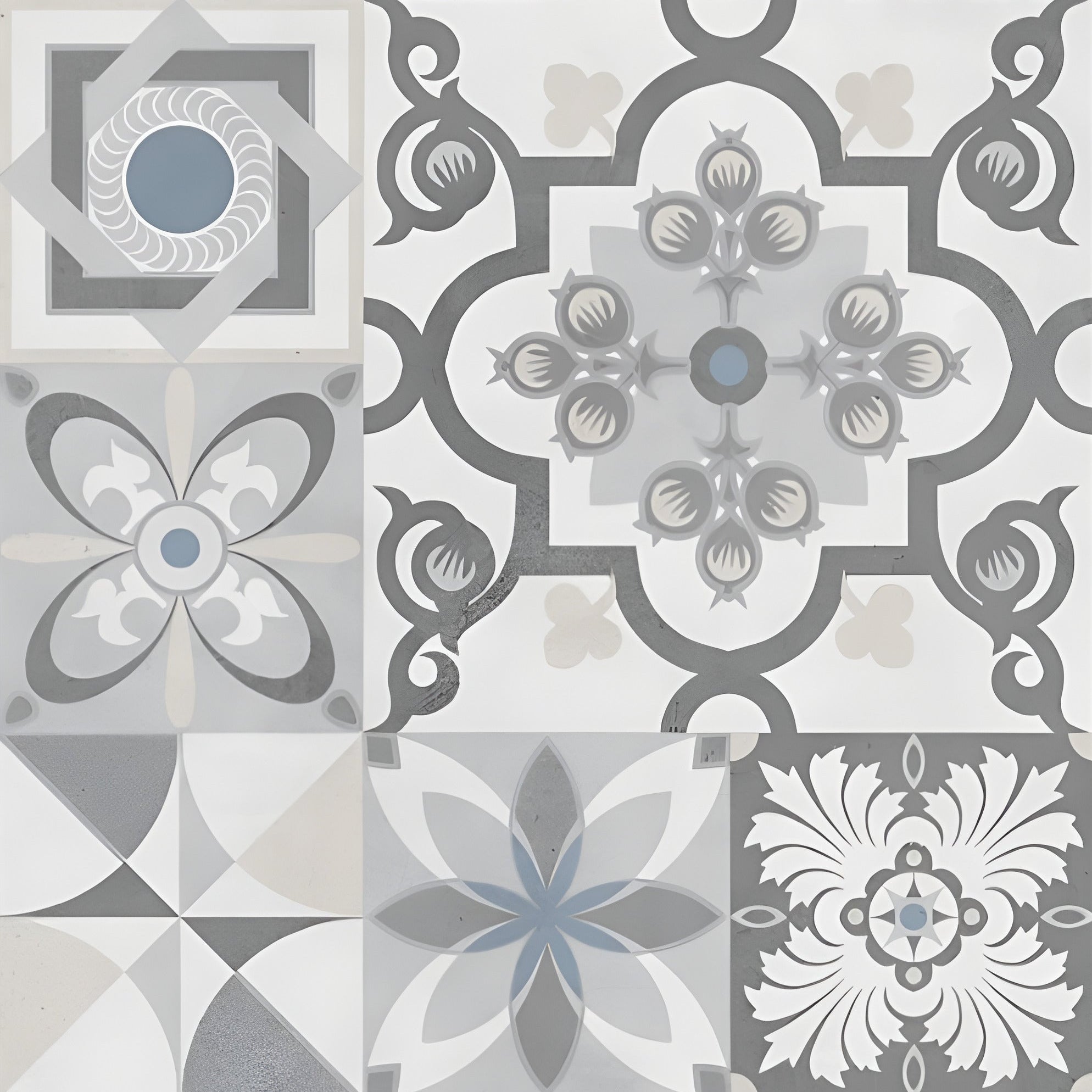 Frazzle Moroccan Vitrified Tile 24 x 24 Inch in elegant grey color with intricate printed Moroccan and Rangoli-inspired design, showcasing matt finish surface suitable for both wall and floor décor in modern and traditional interiors.