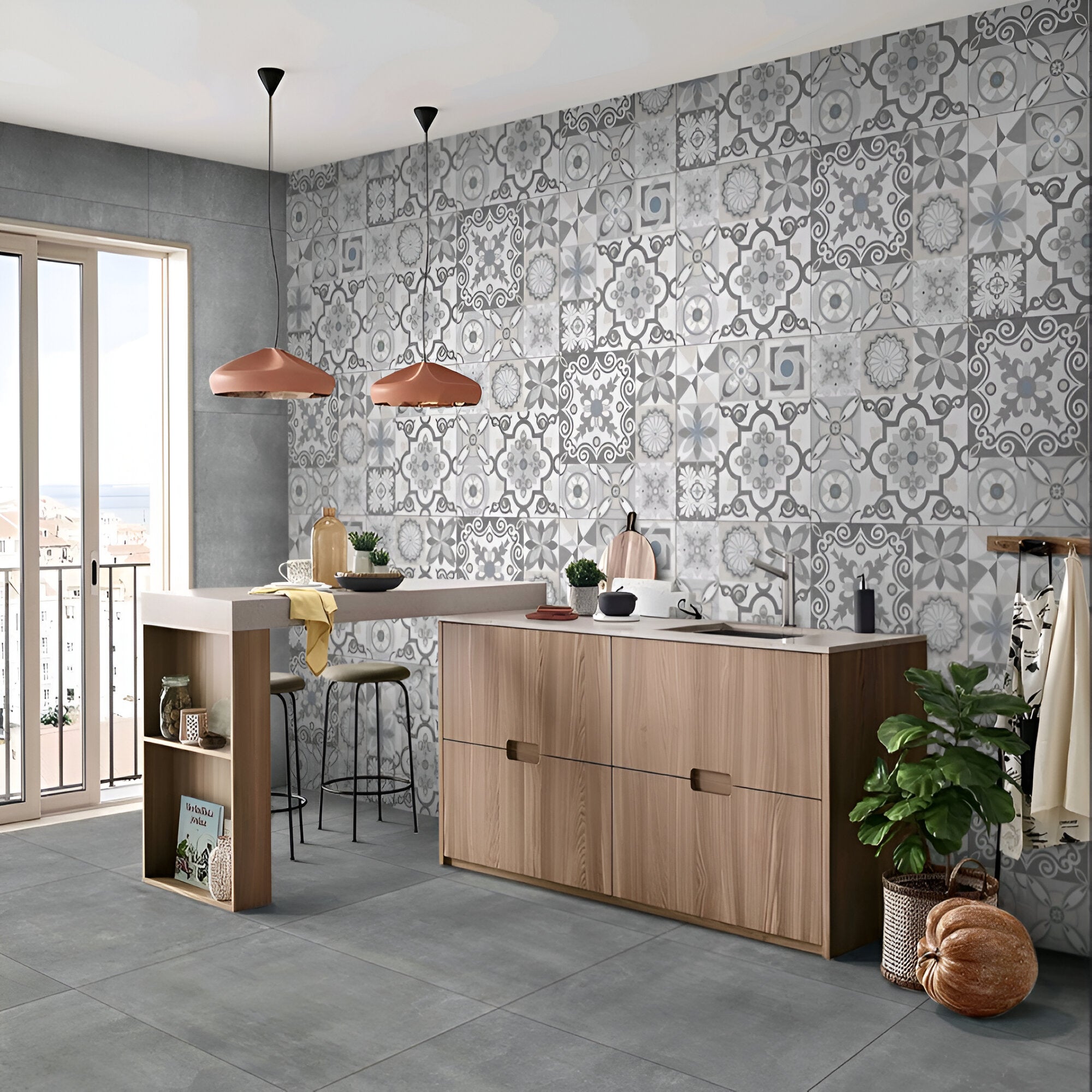 Frazzle Moroccan Vitrified Tile 24 x 24 Inch in elegant grey color with intricate printed Moroccan and Rangoli-inspired design, showcasing matt finish surface suitable for both wall and floor décor in modern and traditional interiors.