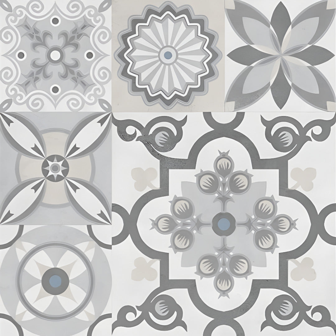 Frazzle Moroccan Vitrified Tile 24 x 24 Inch in elegant grey color with intricate printed Moroccan and Rangoli-inspired design, showcasing matt finish surface suitable for both wall and floor décor in modern and traditional interiors.
