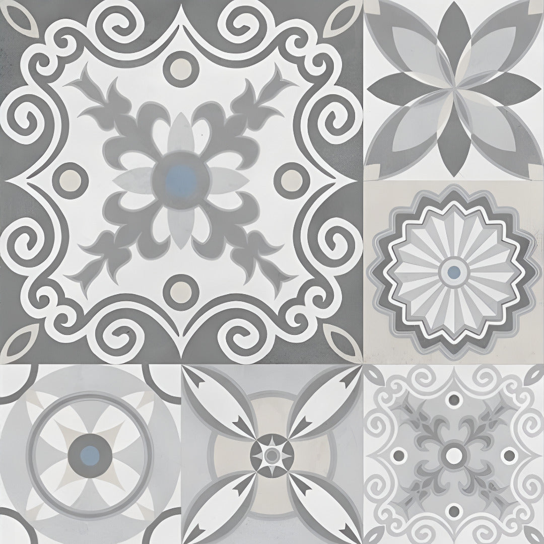Frazzle Moroccan Vitrified Tile 24 x 24 Inch in elegant grey color with intricate printed Moroccan and Rangoli-inspired design, showcasing matt finish surface suitable for both wall and floor décor in modern and traditional interiors.