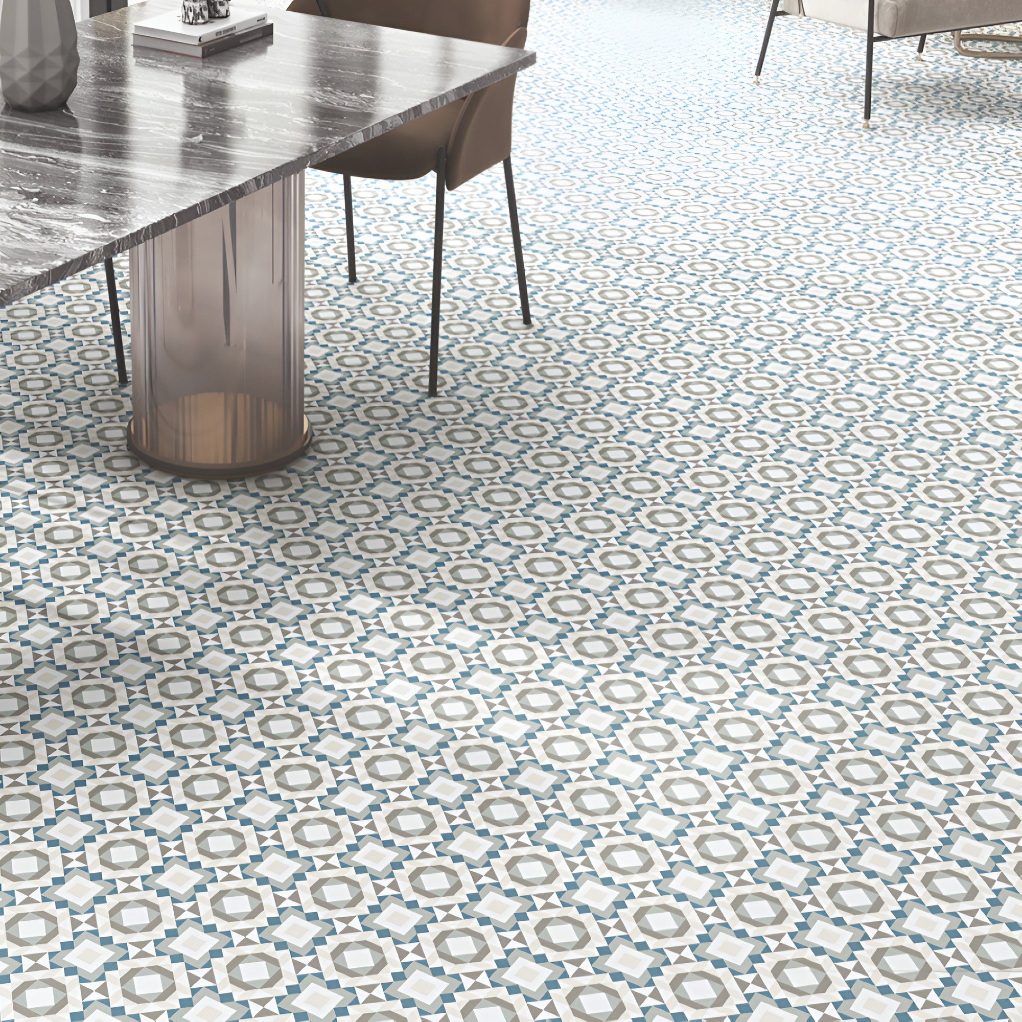 Fuji Square Moroccan vitrified tile in 8×8 inch size featuring detailed printed Moroccan and rangoli-inspired patterns with a smooth matt finish, suitable for decorative floor and wall applications in modern and traditional interiors