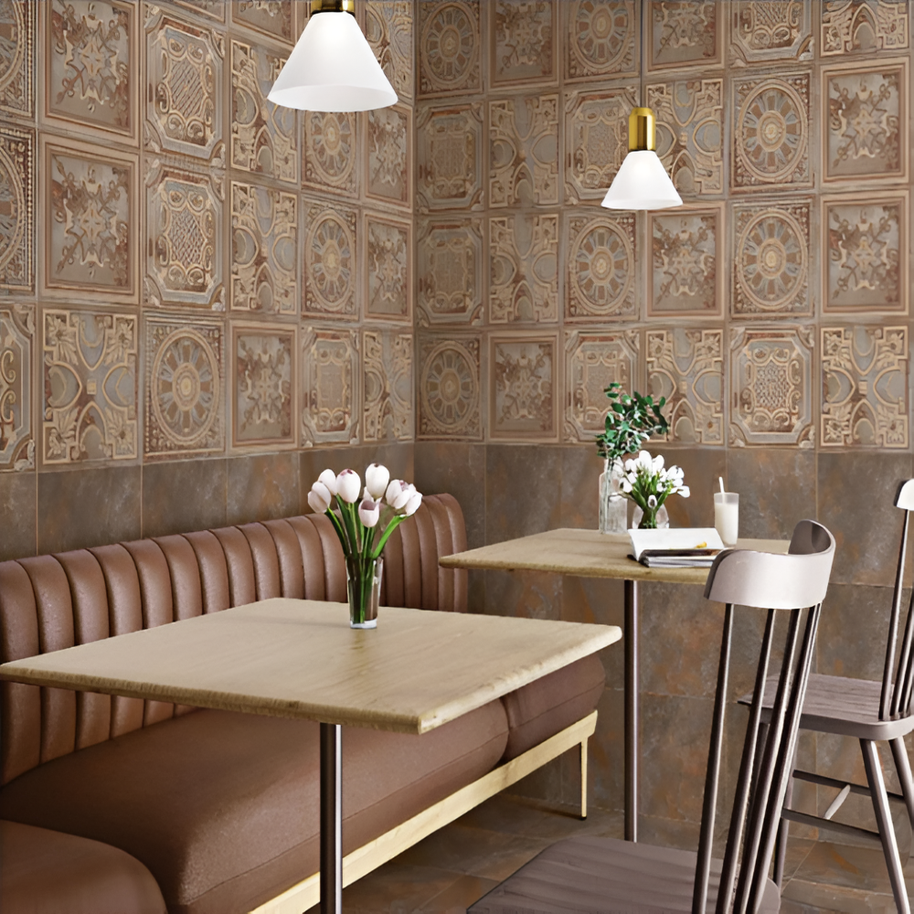 Gatsby Copper Deco Ceramic Tile 12x12 Inch in antique brown finish featuring embossed patterns, decorative highlighter design, and glossy textured surface for luxurious interior wall décor.