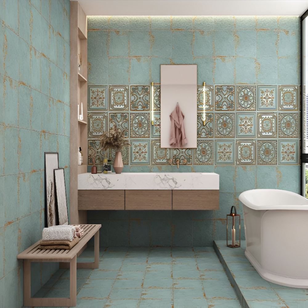 Gatsby Verde Deco Ceramic Tile in 12x12 inch size, showcasing antique embossed design with intricate green patterns, highlighter finish, and decorative detailing for use in walls, kitchens, and bathroom interiors.