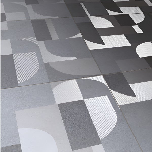 Top view of Geometrical Black Moroccan Matt 24x24 inch floor tiles arranged in a seamless pattern featuring bold black background with overlapping white petal-shaped geometric designs, giving a modern and stylish look.