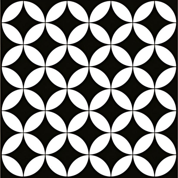 Top view of Geometrical Black Moroccan Matt 24x24 inch floor tiles arranged in a seamless pattern featuring bold black background with overlapping white petal-shaped geometric designs, giving a modern and stylish look.