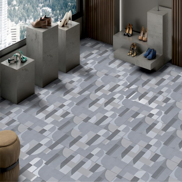 Top view of Geometrical Black Moroccan Matt 24x24 inch floor tiles arranged in a seamless pattern featuring bold black background with overlapping white petal-shaped geometric designs, giving a modern and stylish look.