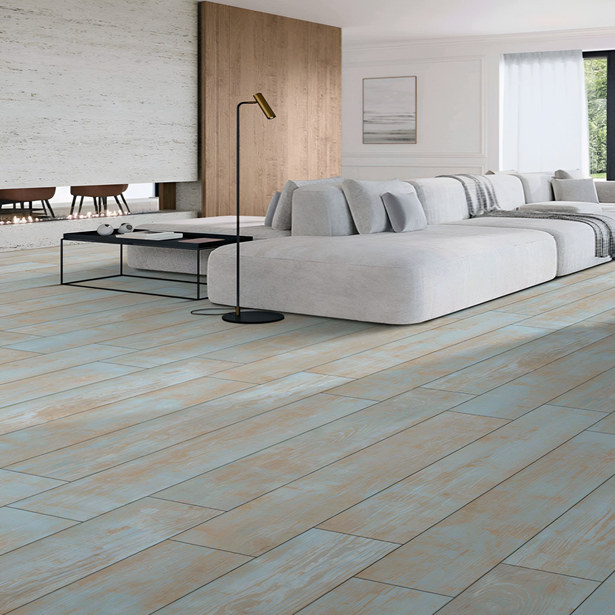 Glenwood Aqua Wooden Plank 8×48 Inch vitrified floor tile with carving finish showcasing natural aqua-tone wooden grains and elongated plank texture ideal for elegant residential and commercial flooring interiors