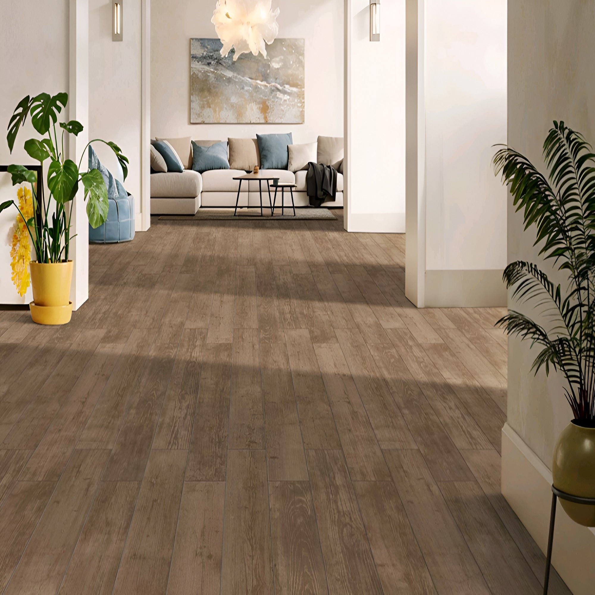 Glenwood Mist 8x48 Inch Wooden Plank Vitrified Floor Tile with natural wood-inspired carving finish, showcasing realistic timber texture and soft mist grey tones for elegant flooring spaces