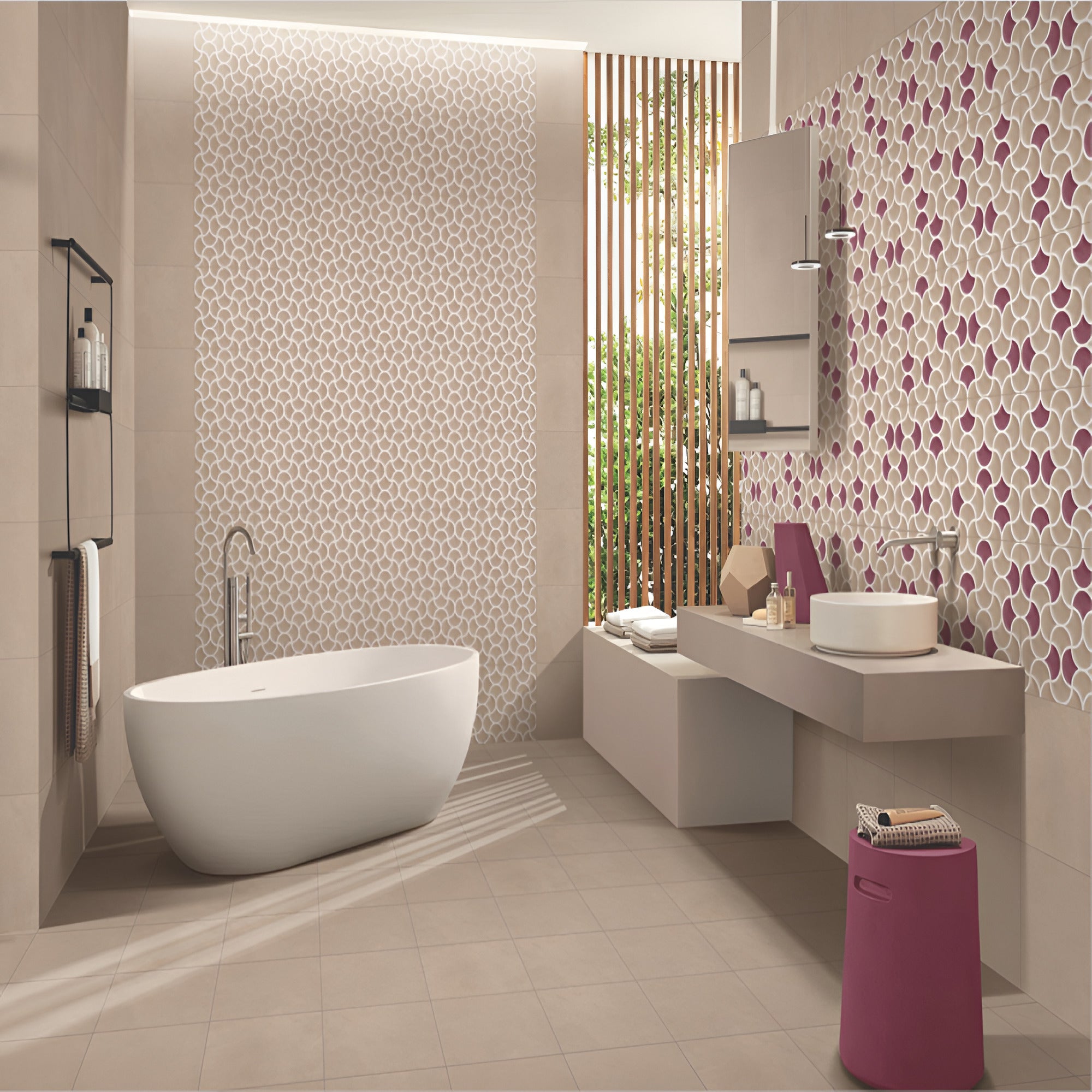 Gloss finish 506-MN ceramic wall tile with deep punched embossed texture and highlighted detailing, shown in a 12x12 inch format for modern interior wall décor.