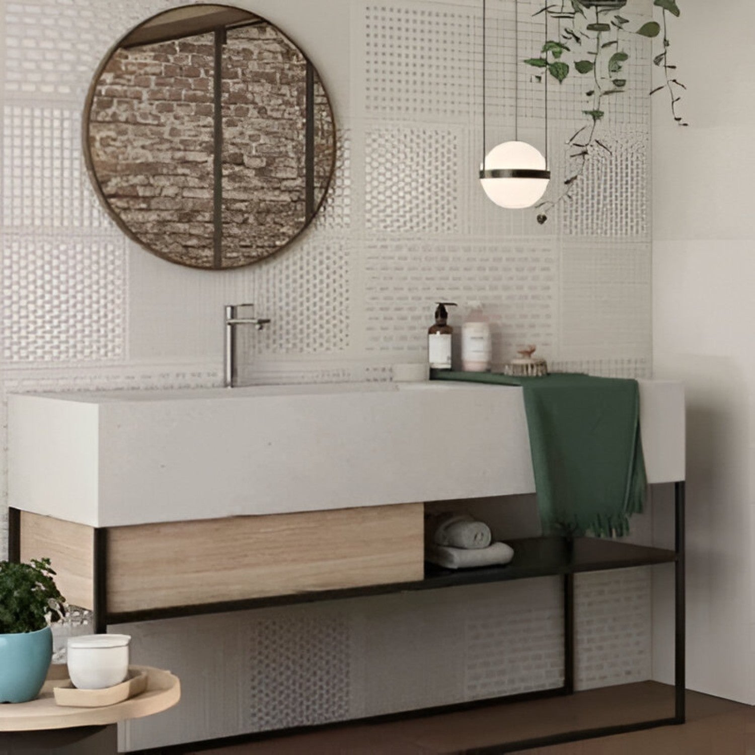 A modern bathroom with white Gravity nickel ceramic matt tiles, a wooden vanity, and decorative plants.