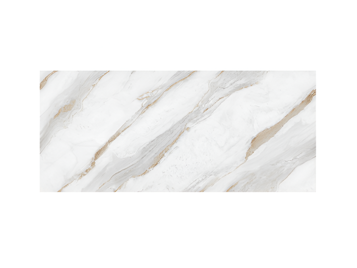 Greet Statuario vitrified tile in 24x48 inch large format showing a marble-inspired pattern with a smooth glossy surface, displayed in a modern interior setting to highlight its elegant texture, seamless layout, reflective finish, and premium architectural appearance for floor and wall use.