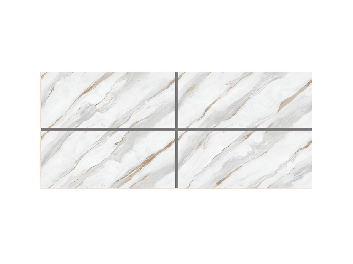 Greet Statuario vitrified tile in 24x48 inch large format showing a marble-inspired pattern with a smooth glossy surface, displayed in a modern interior setting to highlight its elegant texture, seamless layout, reflective finish, and premium architectural appearance for floor and wall use.