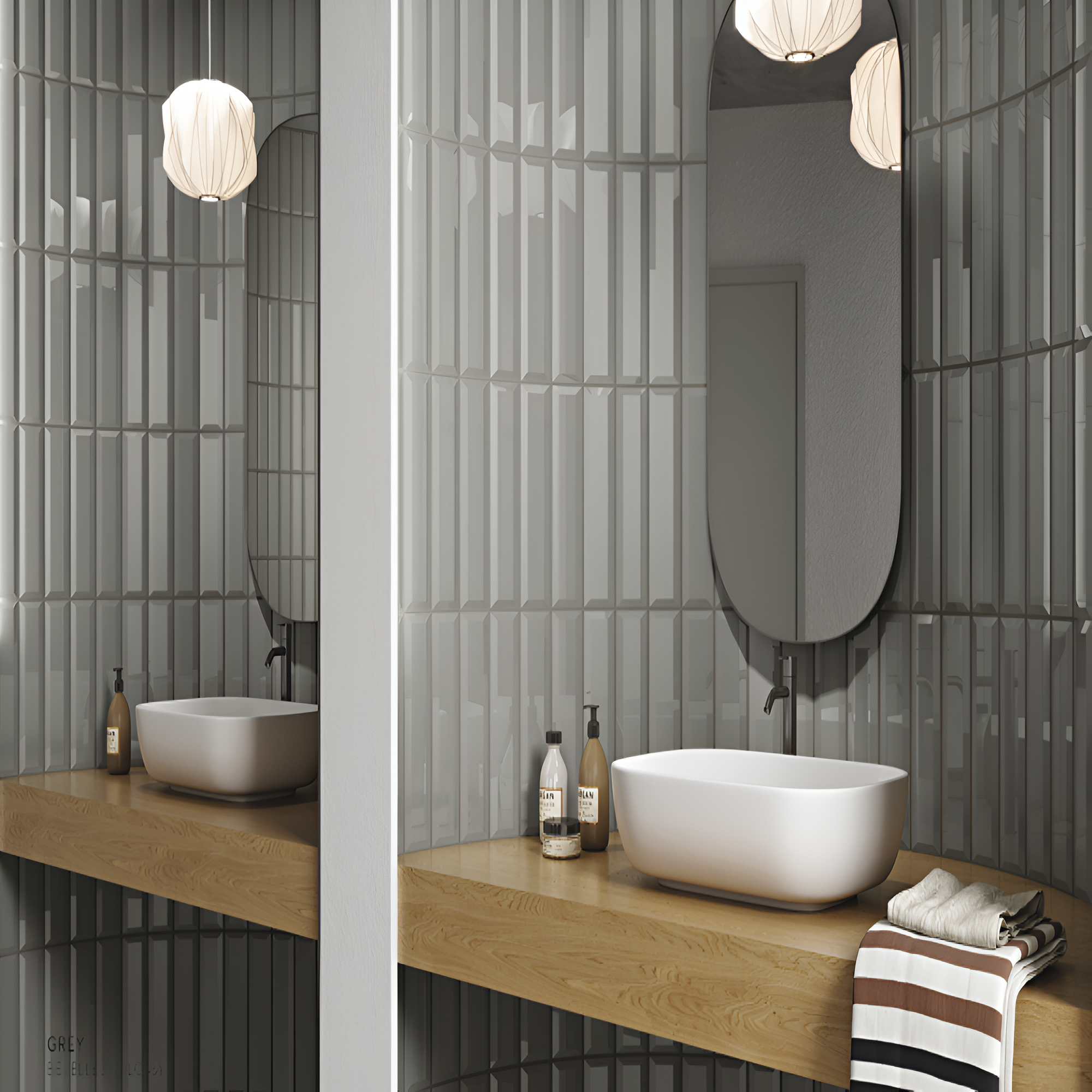 Modern bathroom with a white freestanding bathtub, wooden shelf, and decorative elements.