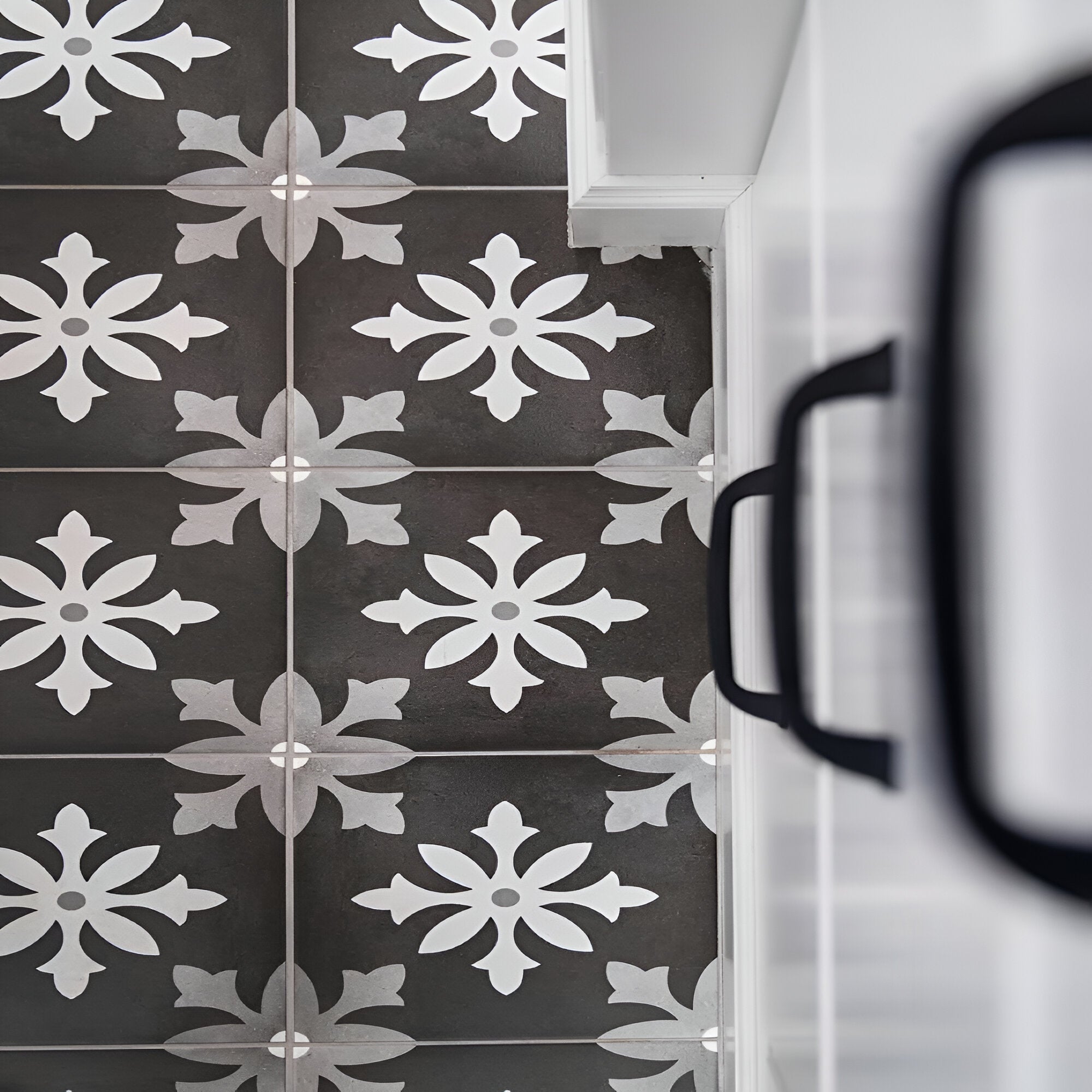 Grit Emlyn Black Decor Moroccan vitrified tile in 8×8 inch size featuring intricate Moroccan and rangoli-inspired printed motifs on a deep black surface, shown in a matt finish suitable for both floor and wall décor.