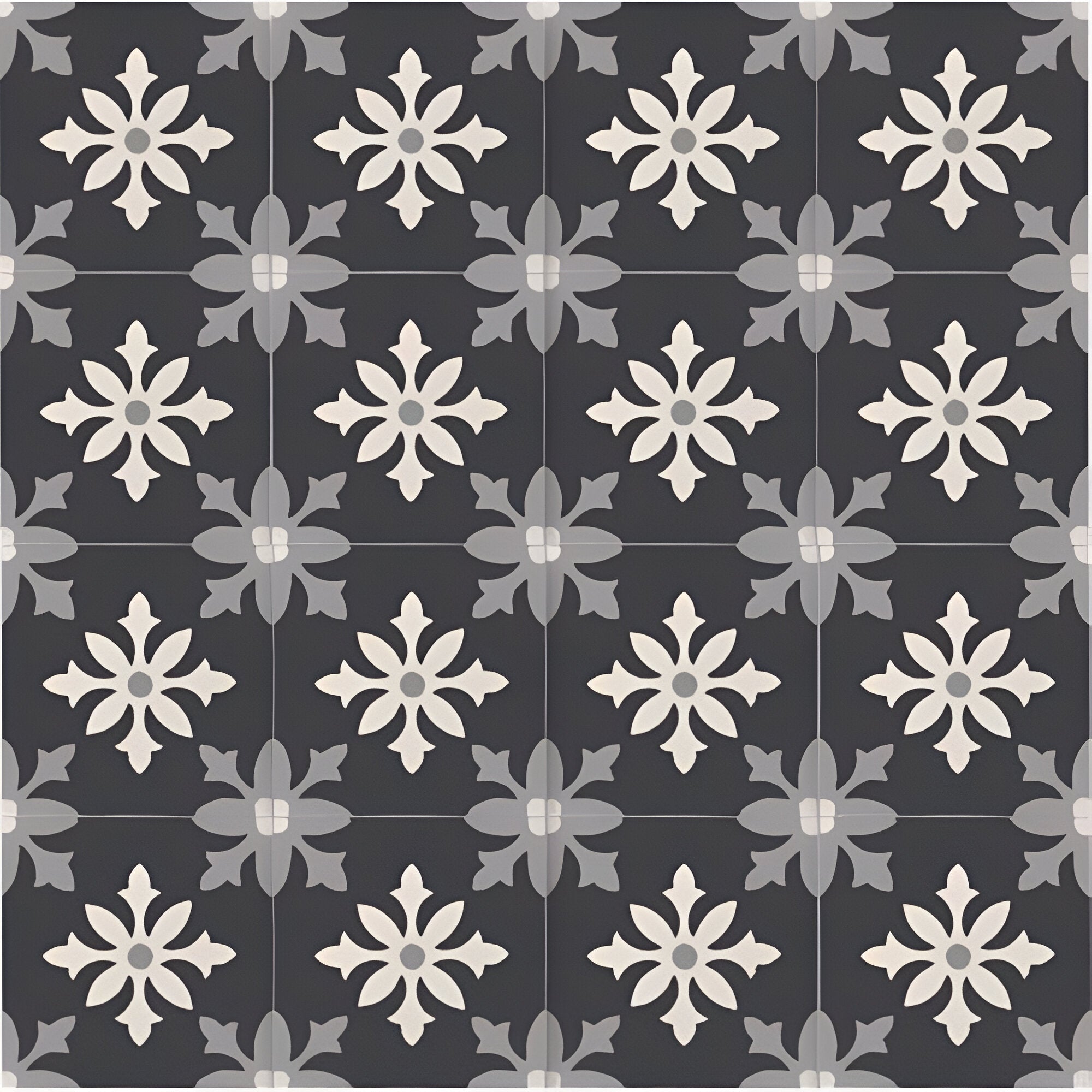 Grit Emlyn Black Decor Moroccan vitrified tile in 8×8 inch size featuring intricate Moroccan and rangoli-inspired printed motifs on a deep black surface, shown in a matt finish suitable for both floor and wall décor.
