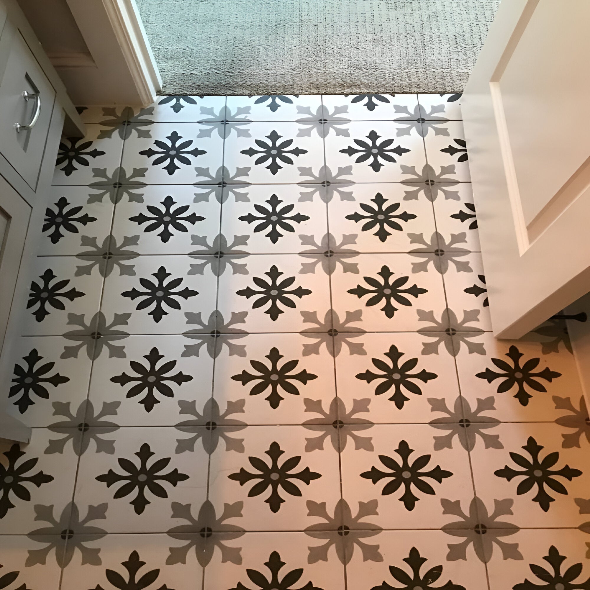 Grit Emlyn Grey Decor Moroccan Vitrified Tile in matt finish, showcasing intricate Moroccan and rangoli-inspired printed artwork in soft grey tones, highlighting its artistic detailing, premium vitrified surface, and suitability for both wall and floor décor applications