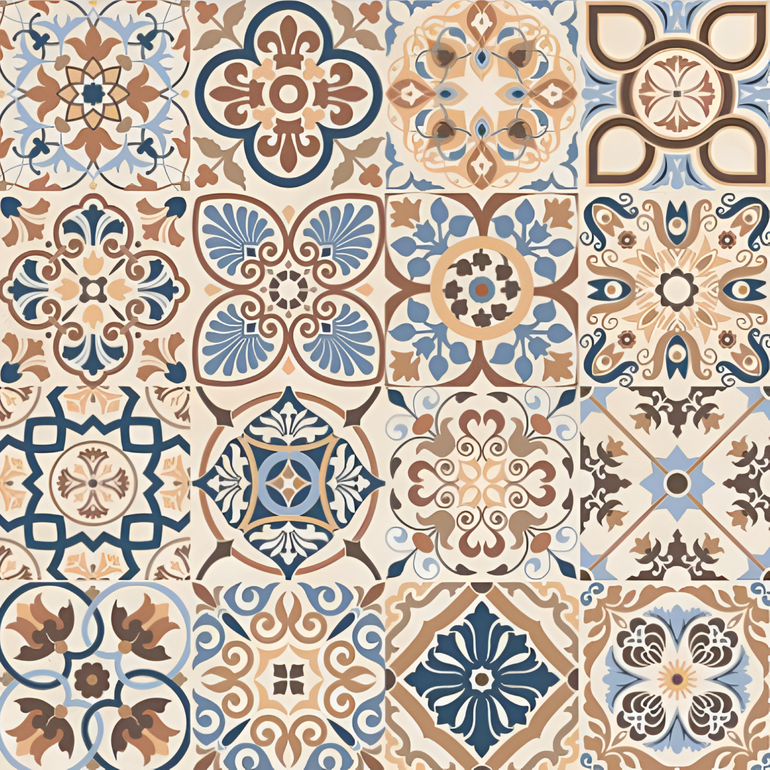 Hazel Moroccan Vitrified Tile – 16×16 inch tile with traditional Moroccan motifs in warm brown and beige hues, perfect for cozy yet stylish spaces.