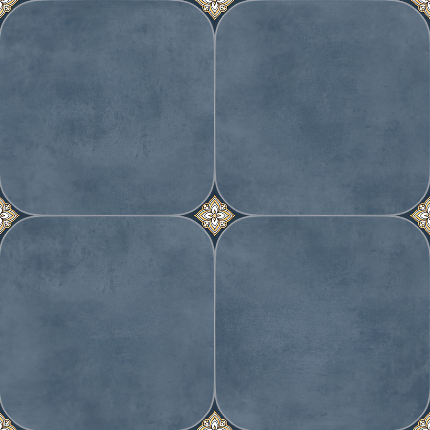 Heritage Azul Moroccan Ceramic Tile – 24x24 inch ceramic tile with intricate blue Moroccan motifs and geometric floral detailing on a vintage-style surface.
