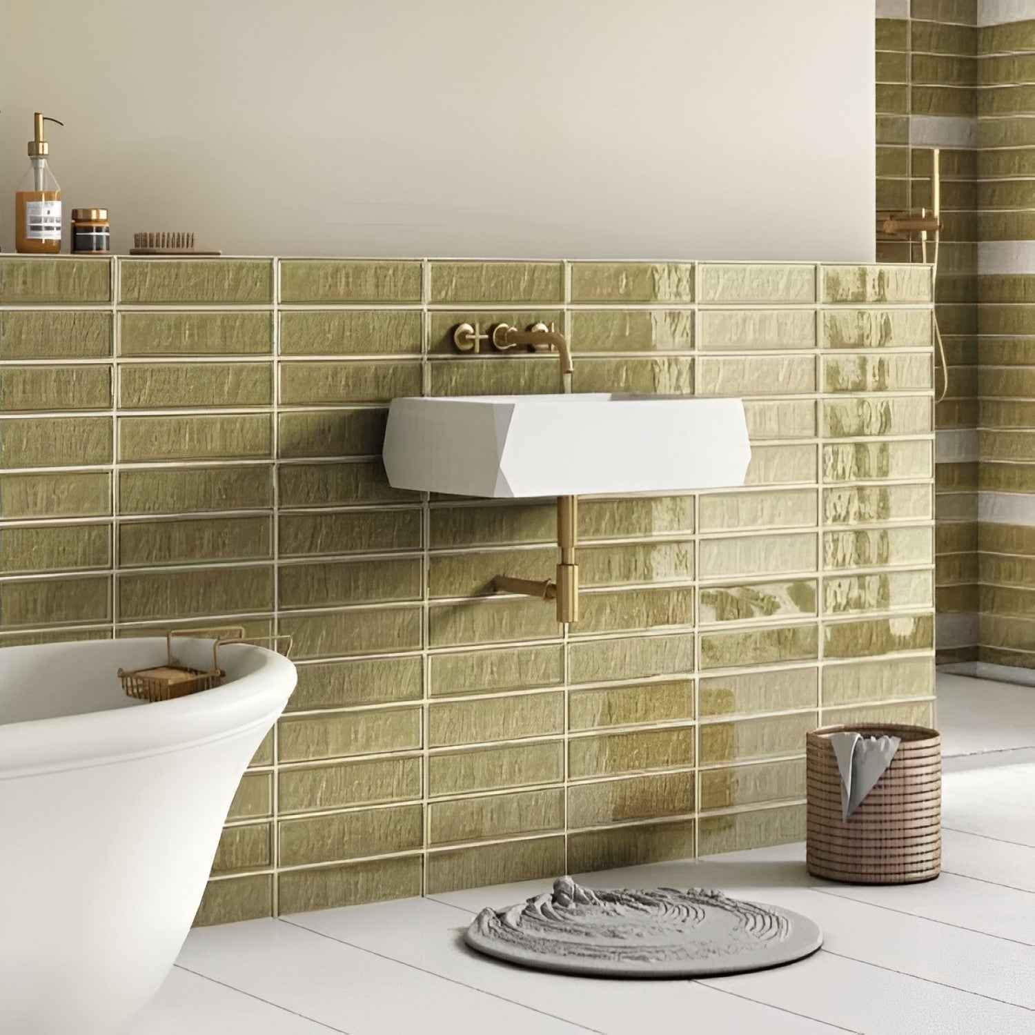 Hong Kong Olive Glossy Subway Tile 3x12 inch with rich olive green color and sleek glossy surface, ideal for stylish kitchen backsplashes, bathroom walls, and modern accent décor.