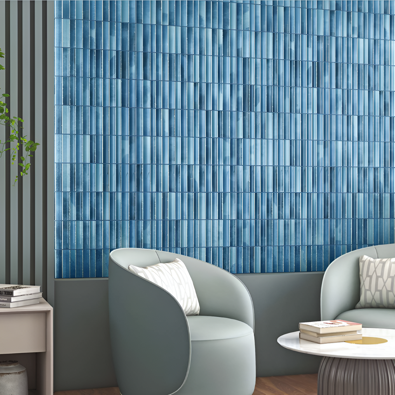 Ink Blue Fluted Kitkat Tile 4x12 inch with a glossy finish, featuring a deep ink-blue fluted surface, smooth and durable, ideal for modern backsplashes and decorative wall designs.
