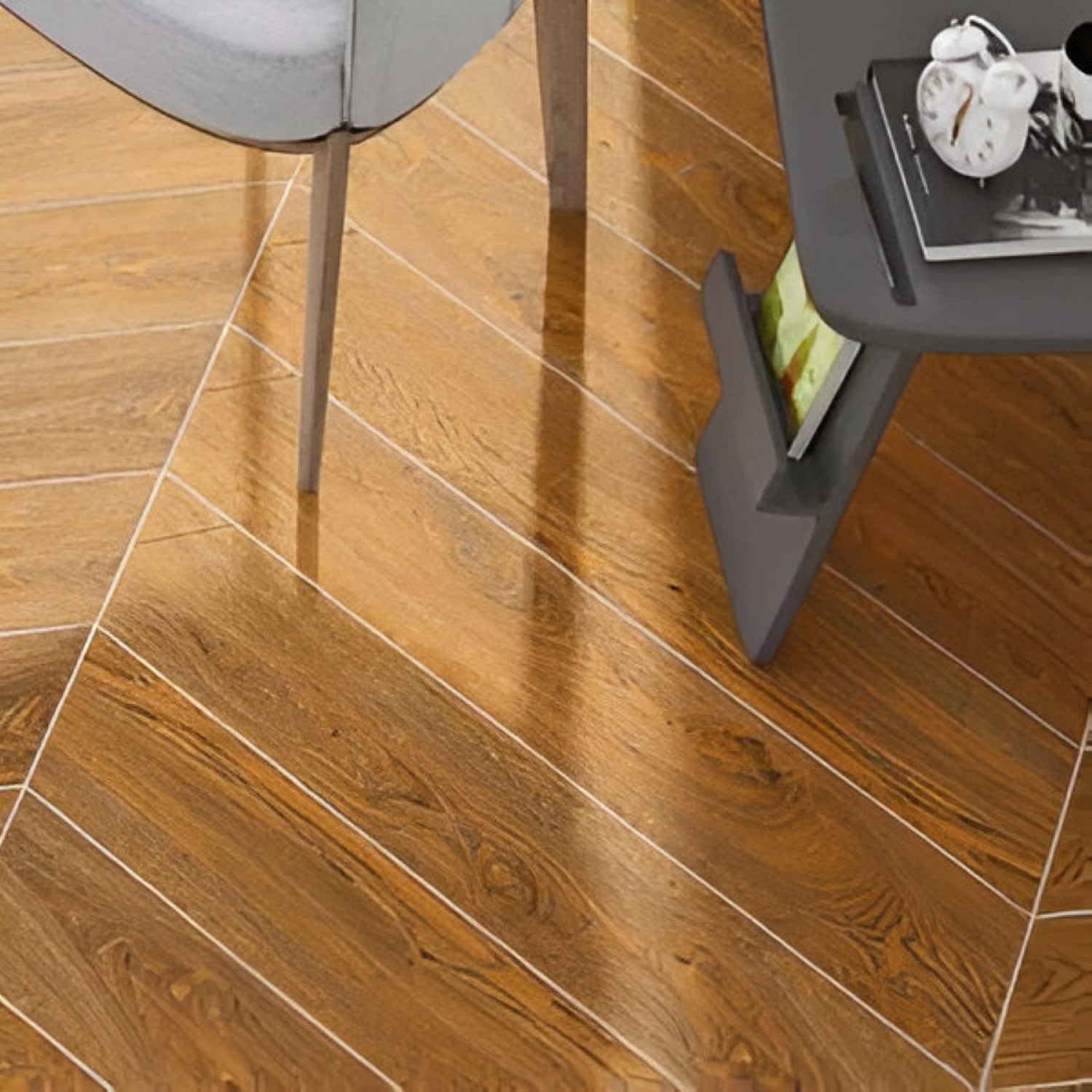 Ipswich Pine Chevron Wooden Tile 6x36 Inch, featuring light pine wood tones arranged in a chevron pattern, perfect for elegant and durable flooring or wall applications.
