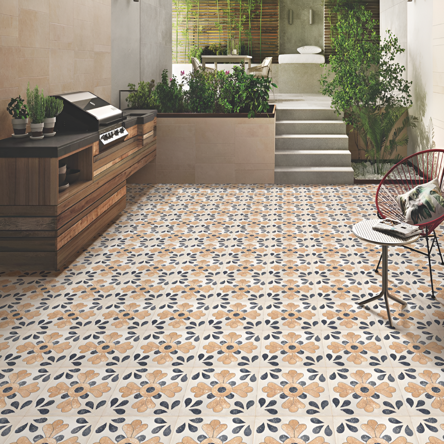 Ivora Moroccan Vitrified Tile – 16x16 Inch floor tile featuring intricate Moroccan floral and scroll patterns in soft ivory and neutral tones, ideal for elegant and long-lasting flooring.