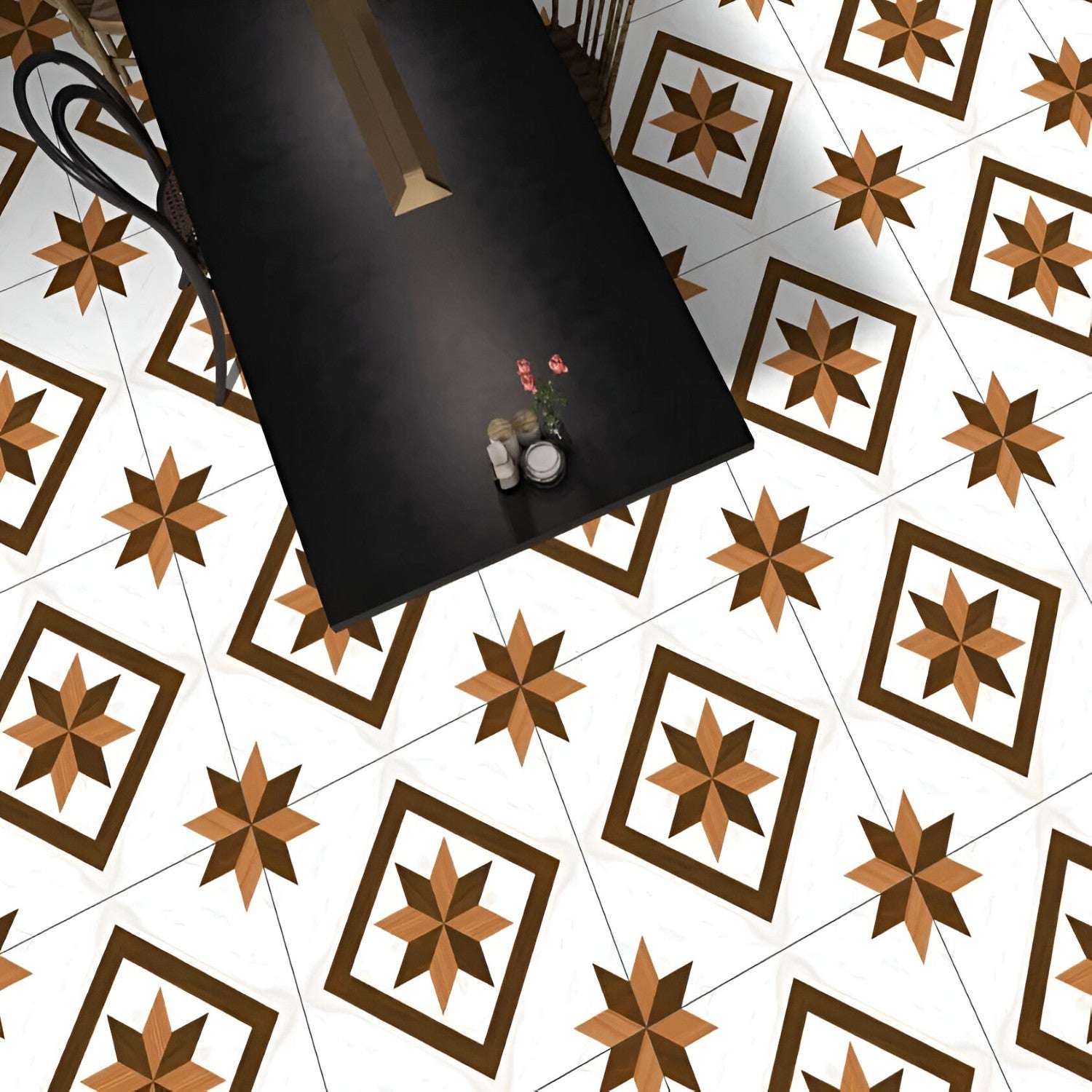 JW-150 Moroccan Tile – 24x24 inch ceramic tile featuring bold Moroccan-inspired geometric patterns in warm earthy tones and intricate symmetrical detailing.