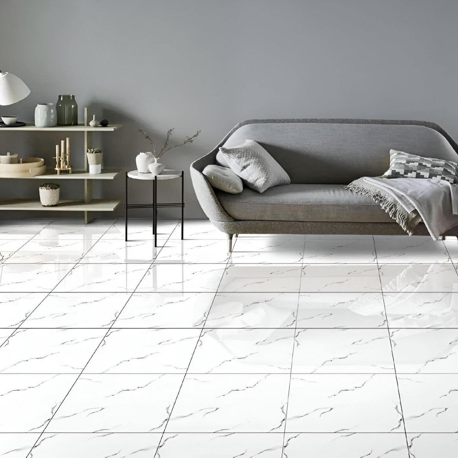JW-212 Marble Ceramic Tile 24x24 Inch, featuring elegant white marble patterns with subtle gray veining, ideal for sophisticated and durable flooring or wall applications.
