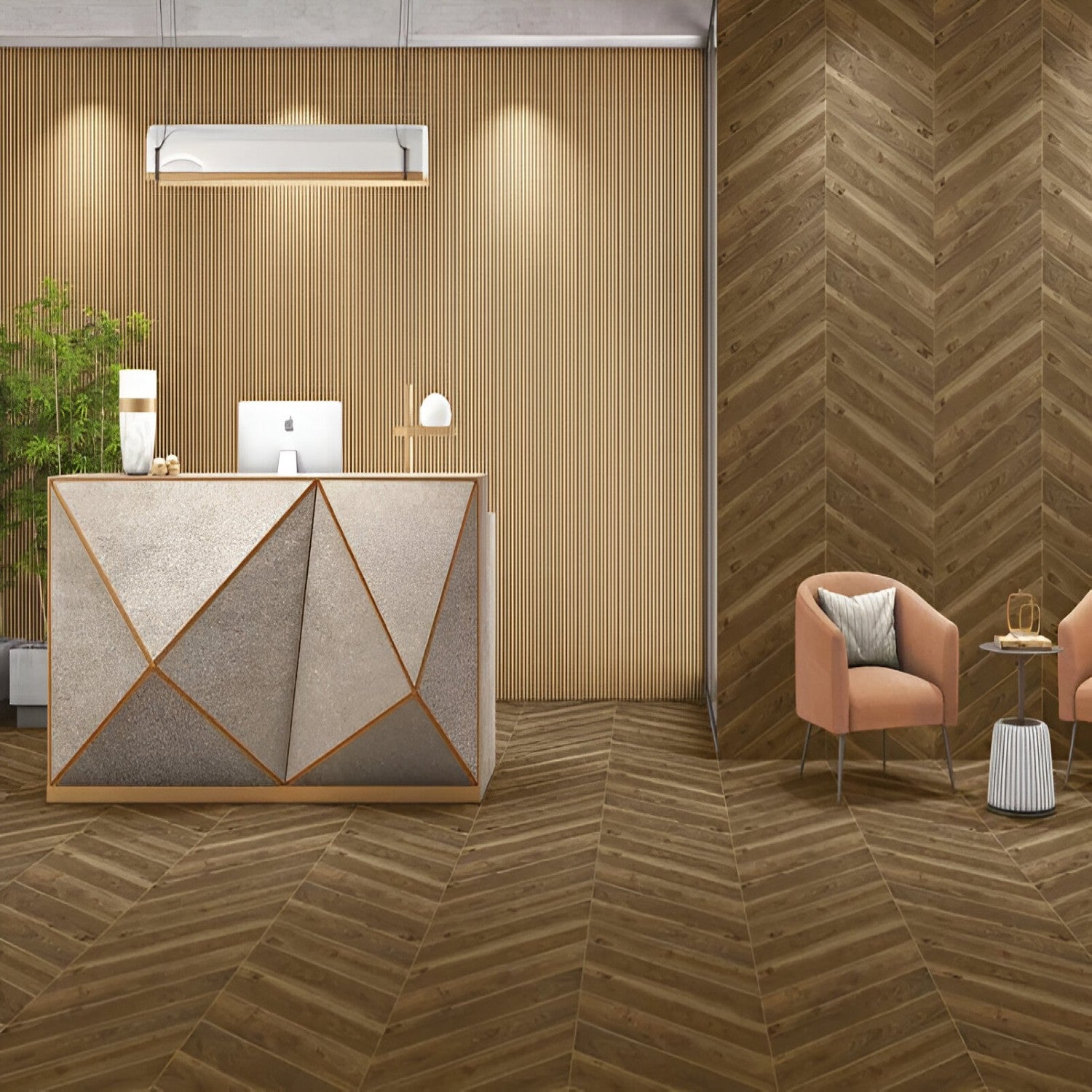 Jacobean Chevron Wooden Tile 6x36 Inch, featuring deep, rich brown wood tones arranged in a chevron pattern, perfect for classic, elegant, and durable flooring or wall applications.
