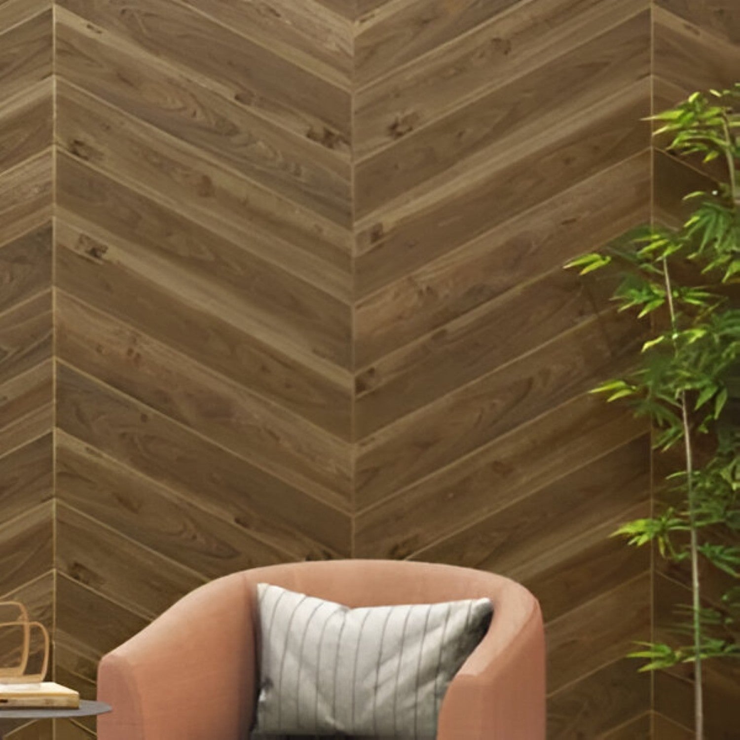 Jacobean Chevron Wooden Tile 6x36 Inch, featuring deep, rich brown wood tones arranged in a chevron pattern, perfect for classic, elegant, and durable flooring or wall applications.
