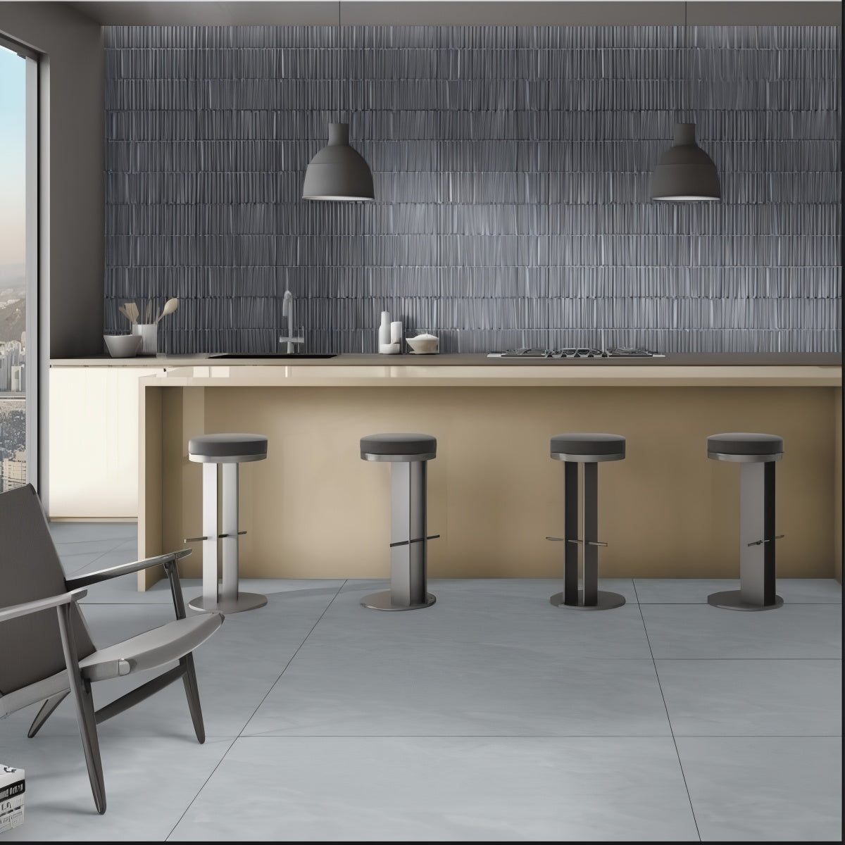 Kitkat Cosmo Black Tile - 12x12 inch ceramic wall tile with glossy vertical black strips

