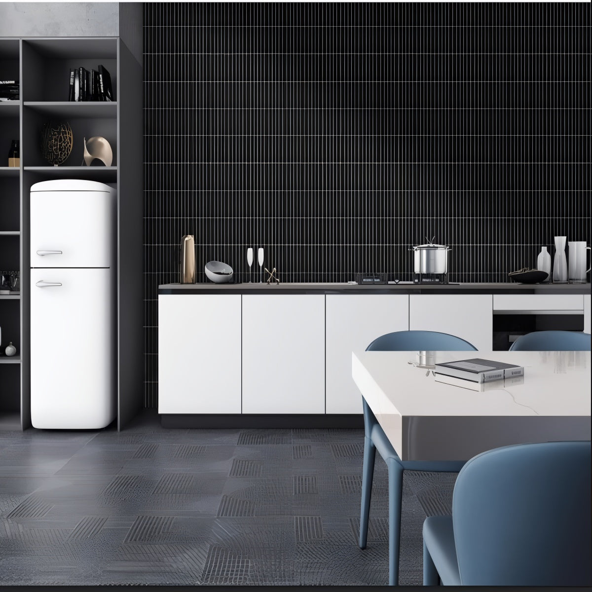 Kitkat Cosmo Nero Tile - 12x12 inch ceramic wall tile with glossy vertical black strips
