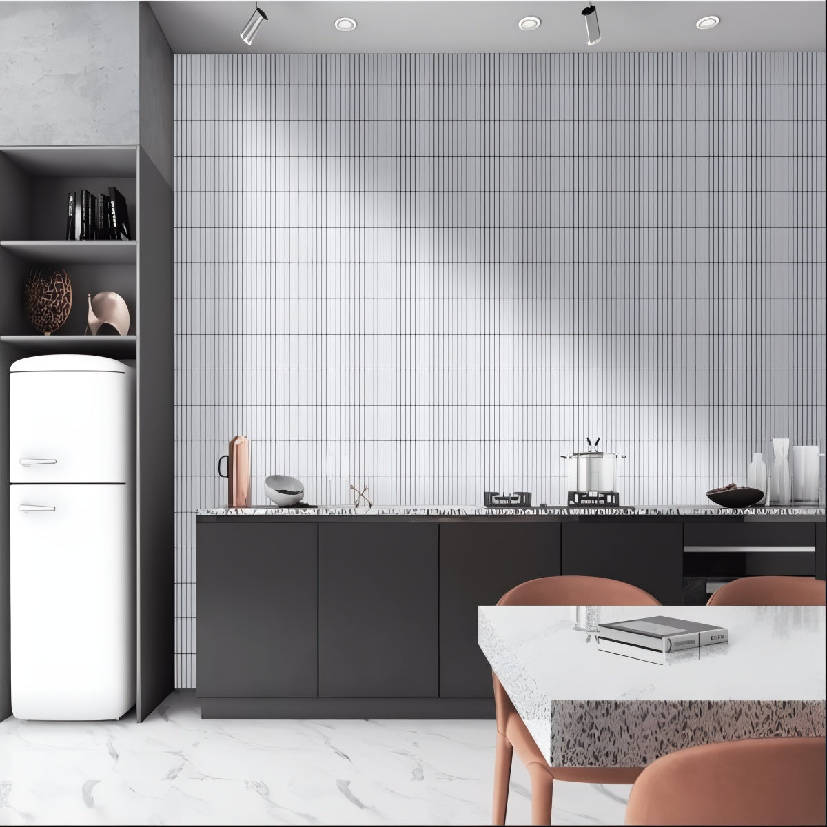 Kitkat Grace Bianco Tile - 12x12 ceramic wall tile with vertical white strips in a sleek glossy finish
