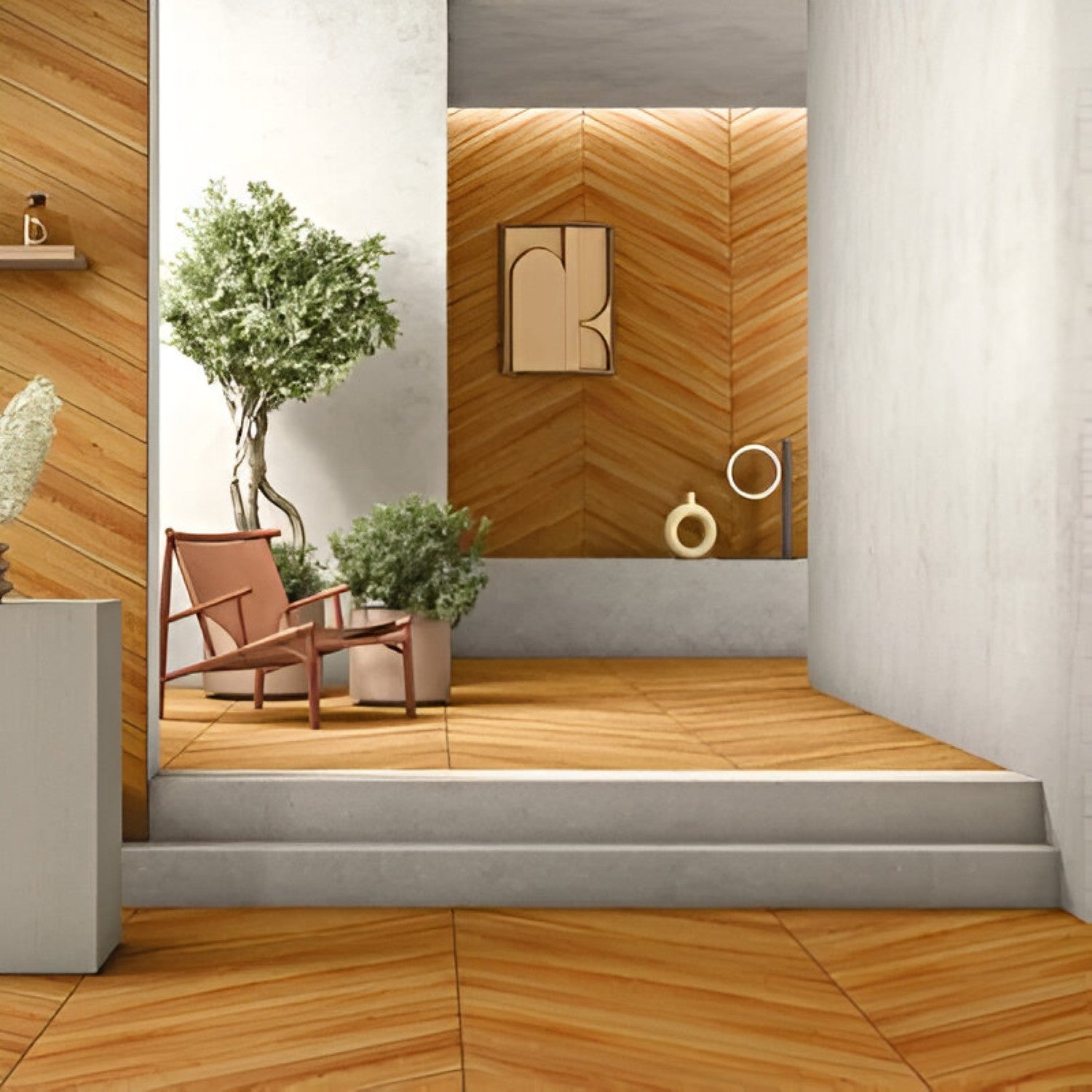 Knotty Pine Chevron Wooden Tile 6x36 Inch, featuring natural pine tones with visible knots arranged in a chevron pattern, ideal for rustic, stylish, and durable flooring or wall applications.
