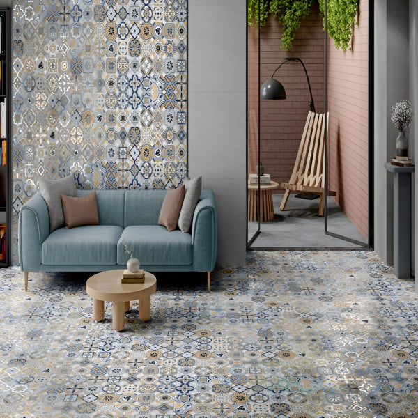 Colorful patchwork Kolam Multi Moroccan Matt 24x24 Inch floor tile featuring blue, mustard, grey, and white geometric and floral designs.