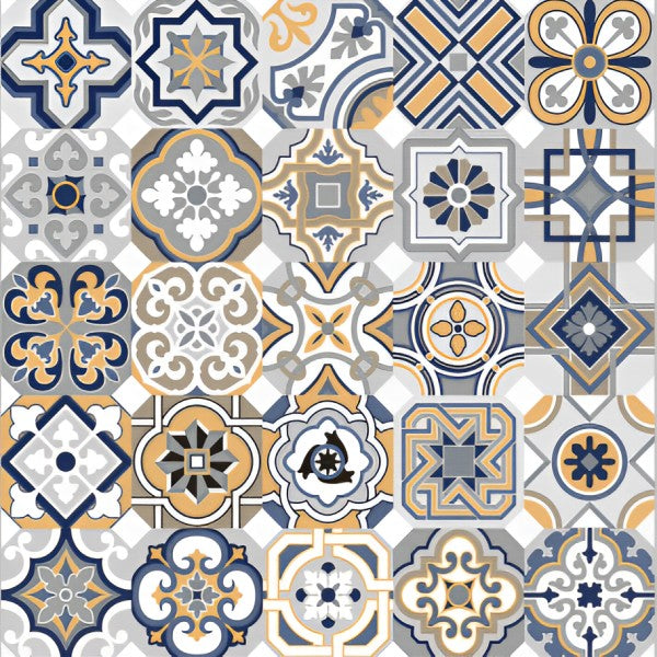Colorful patchwork Kolam Multi Moroccan Matt 24x24 Inch floor tile featuring blue, mustard, grey, and white geometric and floral designs.