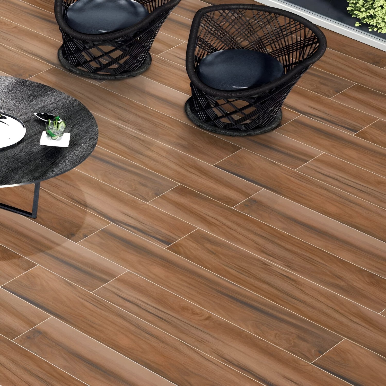L6-1048 Wooden Vitrified Tile 6 Inch x 36 Inch featuring a natural wood-look finish with realistic grain patterns ideal for modern wall and floor applications in living rooms bedrooms and commercial spaces

