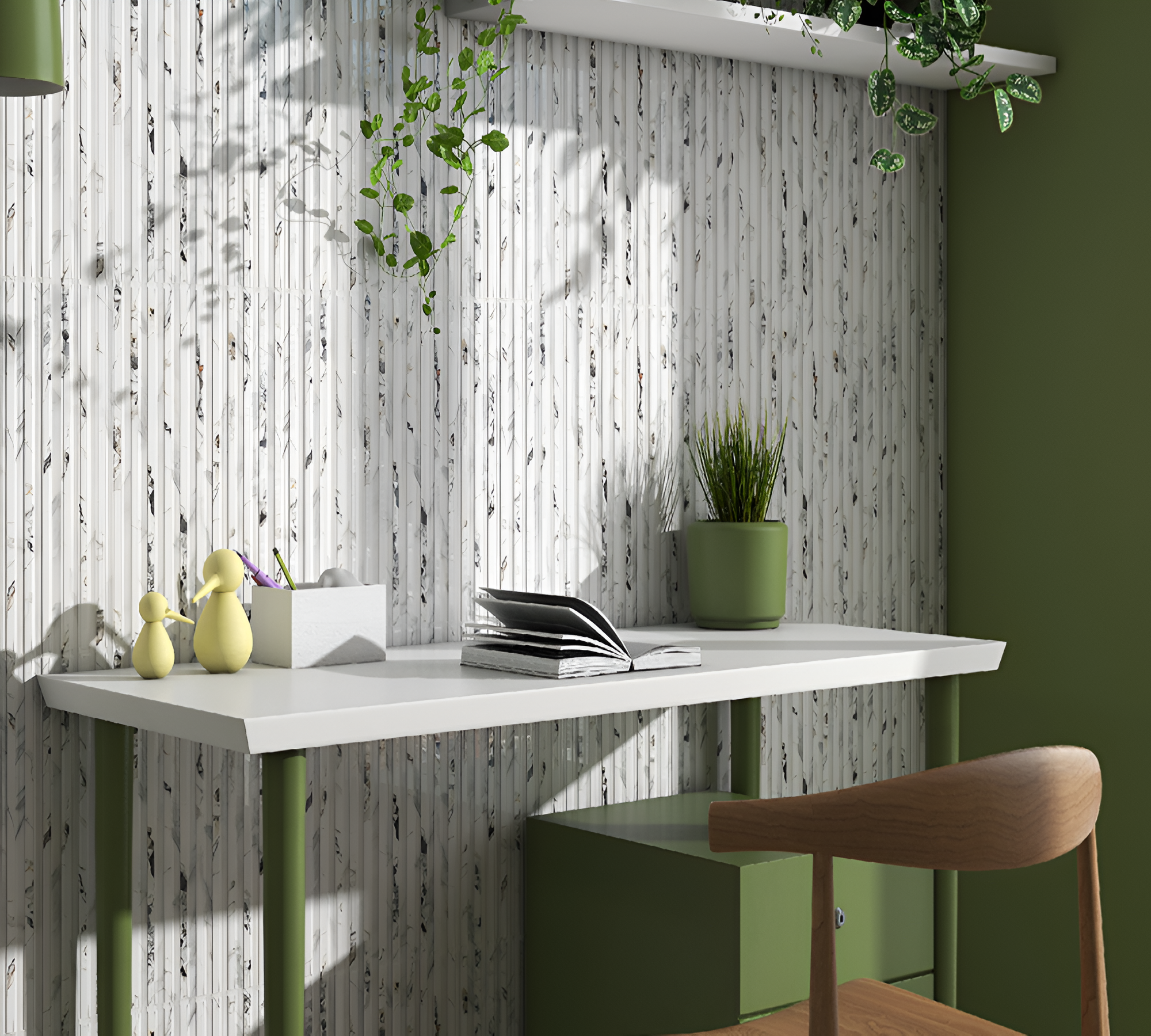 LUR-73 white ceramic tile, 12x12 inch, with sleek louvers-inspired design and high-gloss finish, reflecting light beautifully for a modern, elegant interior wall