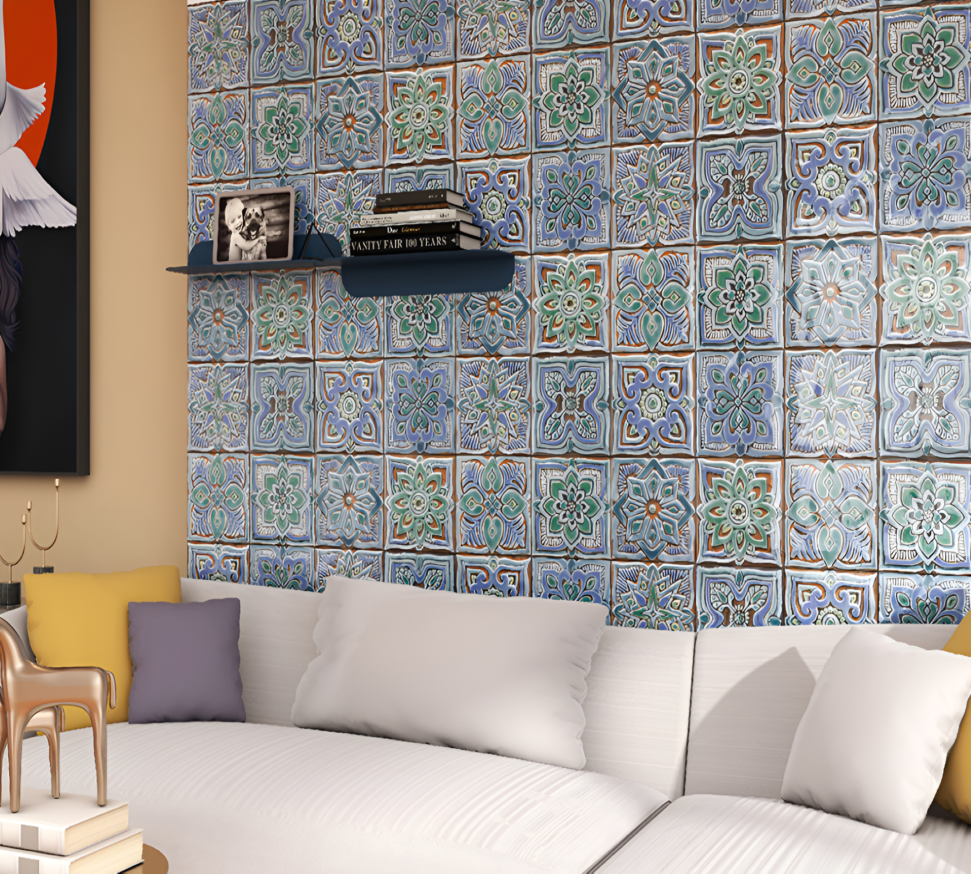 LX-87 embossed ceramic tile in 12x12 inch size, featuring an intricate embossed design with a reflective glossy blue finish, ideal for decorative walls, kitchens, bathrooms, and luxury interiors.