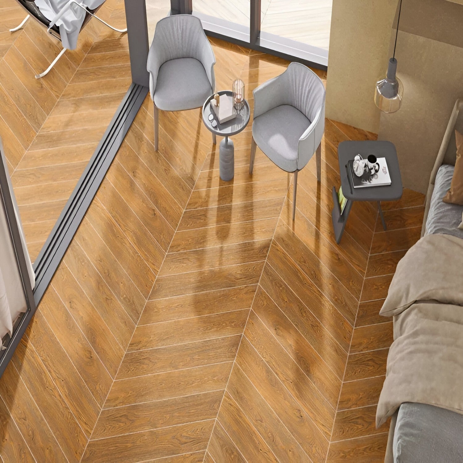 Ipswich Pine Chevron Wooden Tile 6x36 Inch, featuring light pine wood tones arranged in a chevron pattern, perfect for elegant and durable flooring or wall applications.
