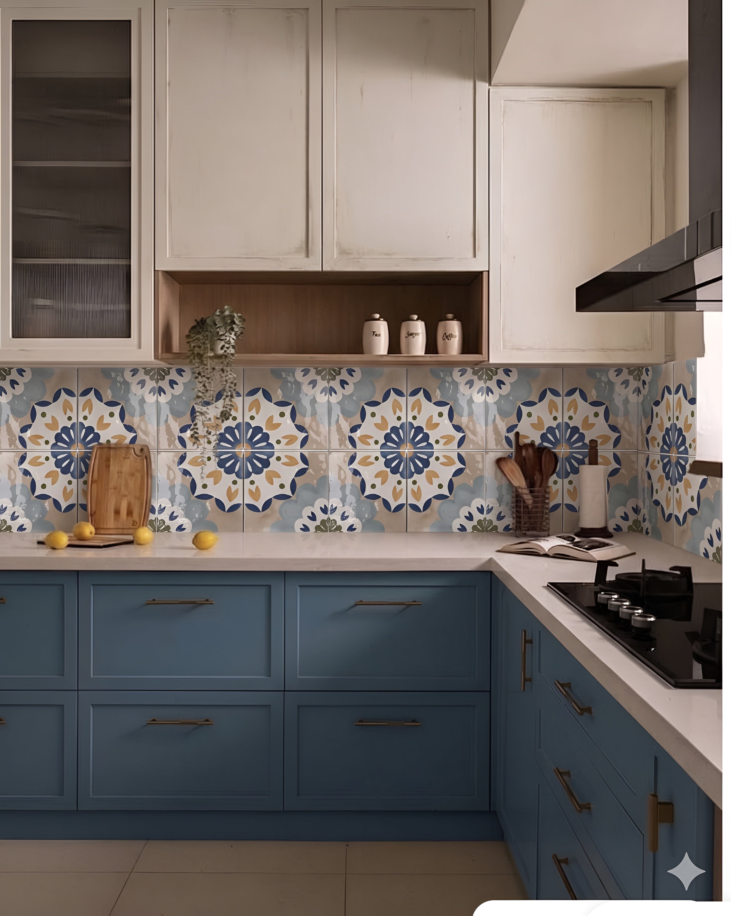 Lucido Floral Vitrified Gloss Tile 8 x 8 Inch featuring detailed floral and Moroccan-inspired printed patterns with decorative Rangoli-style artwork, designed for kitchen wall and floor applications. The tile showcases intricate ornamental motifs, a smooth glossy surface, and a premium vitrified construction that enhances decorative interior spaces with traditional and contemporary design appeal.