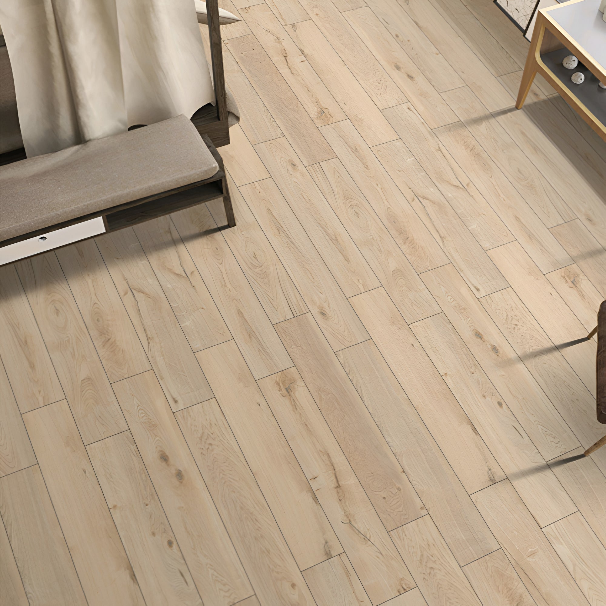 Lux Beige Wooden Plank 8x48 Inch Vitrified Tile with carving finish showcasing realistic natural wood grain texture, beige tone surface, elongated plank design suitable for modern premium flooring interiors.