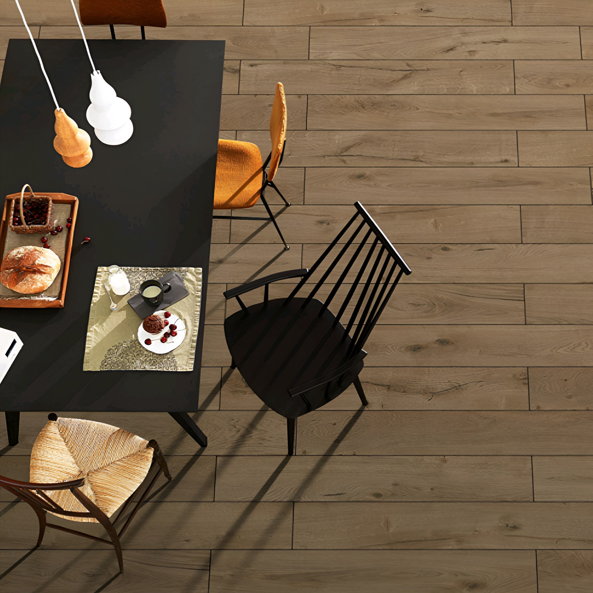 Lux Brown Wooden Plank 8 x 48 Inch vitrified floor tile in rich brown shade with detailed carving wooden texture, designed for elegant flooring in living rooms, bedrooms, and commercial interiors, showcasing a natural wood-like appearance with elongated plank styling.
